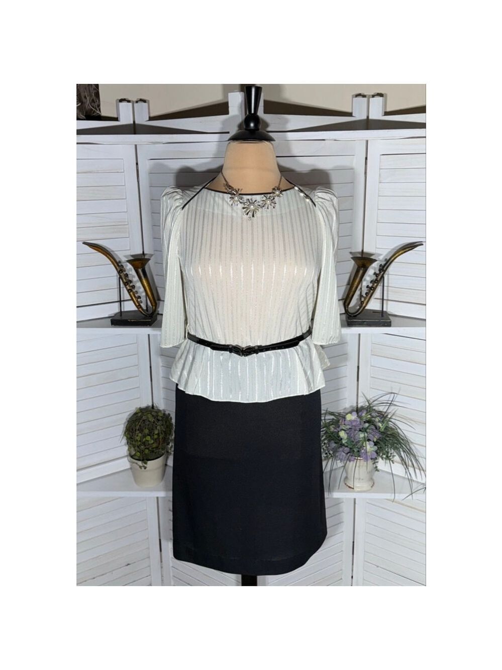 Vintage 90s pencil dress pep-plum cream black midi pinup whimsigoth cocktail 16